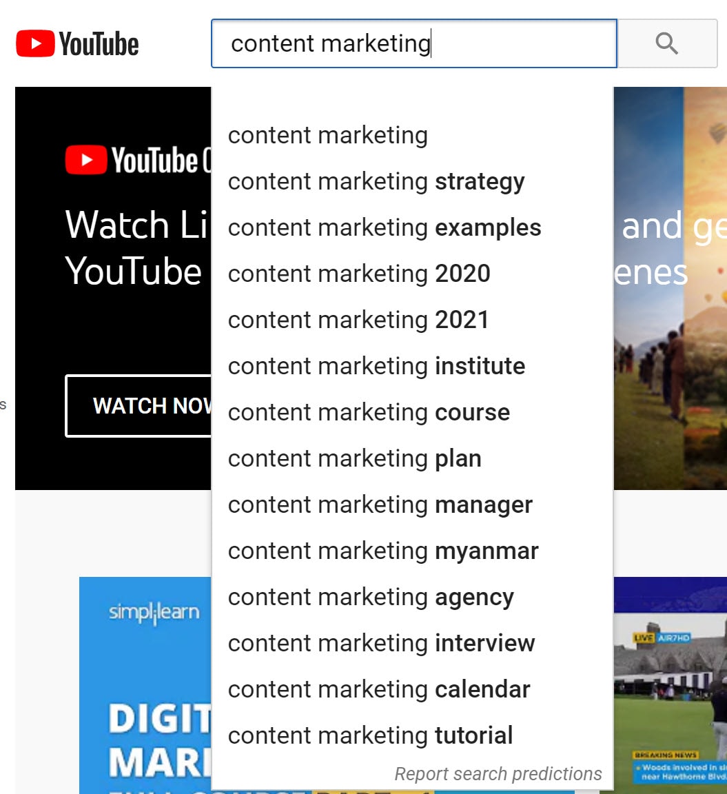 Scfeenshot of results for an auto-complete search for content marketing