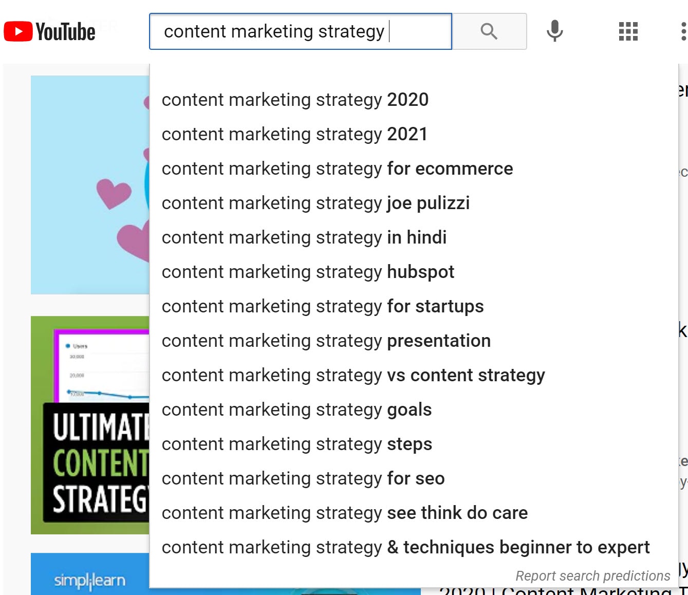 Screenshot of auto-complete results for a search on content marketing strategy
