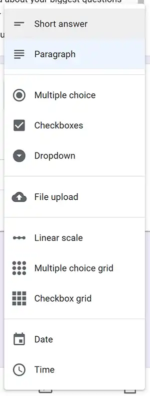 Google forms question types