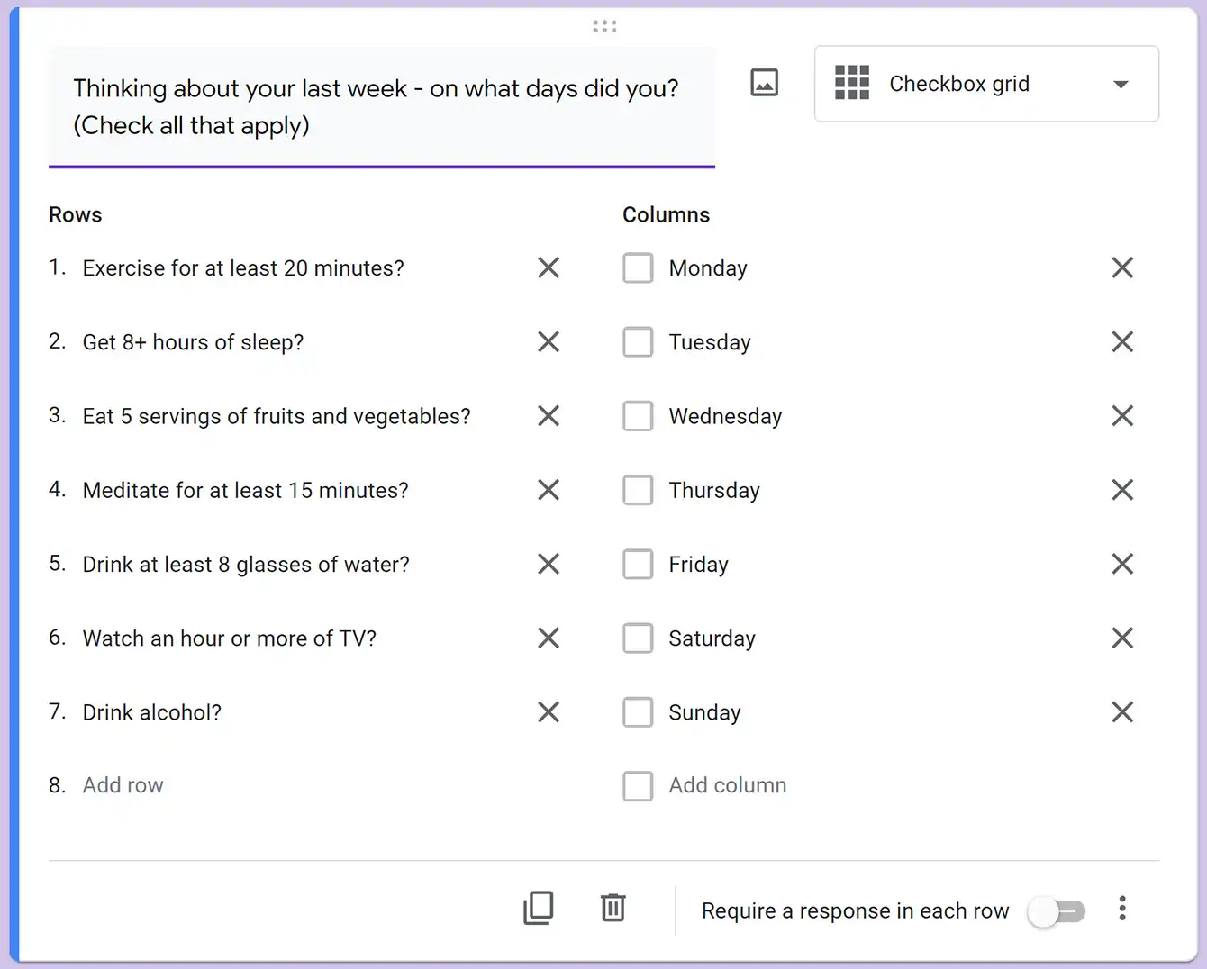 Checkbox grid question edit screen