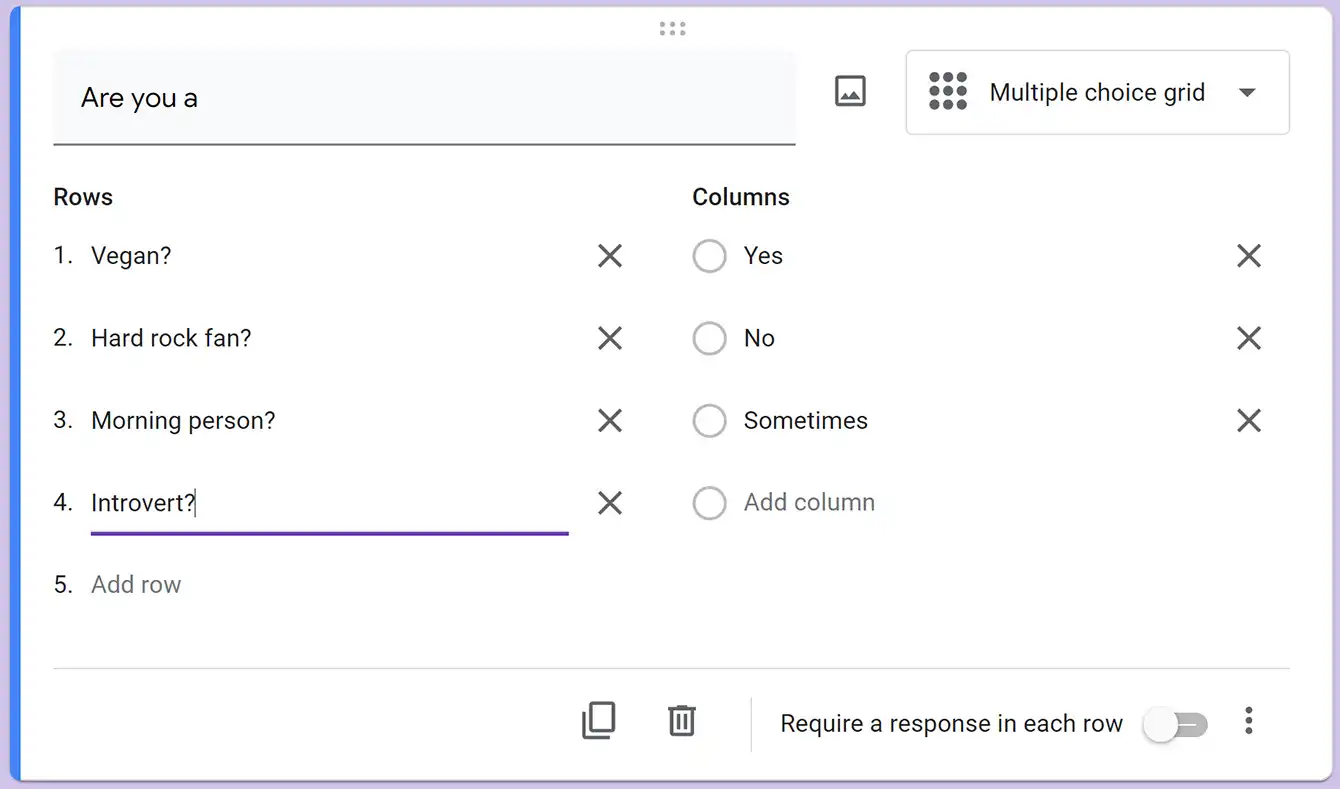 Multiple choice grid edit question