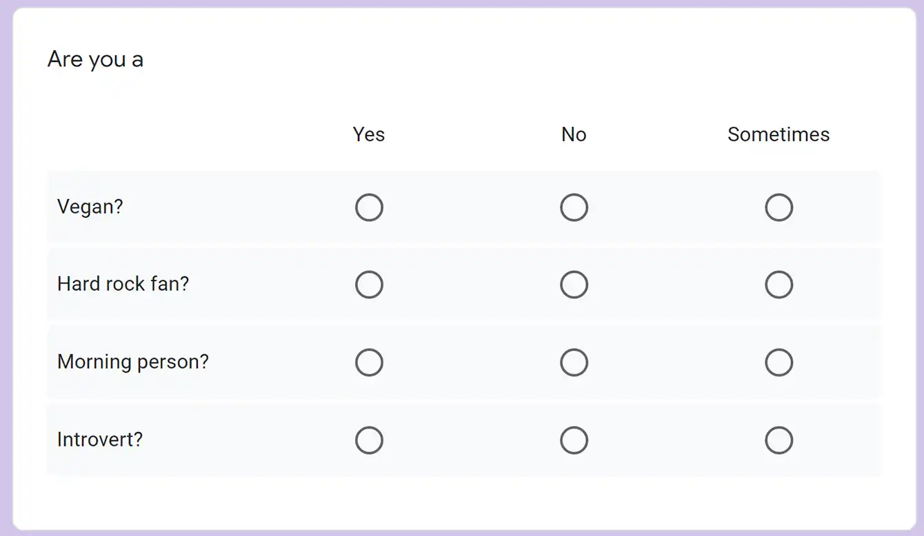 Multiple choice grid in google forms