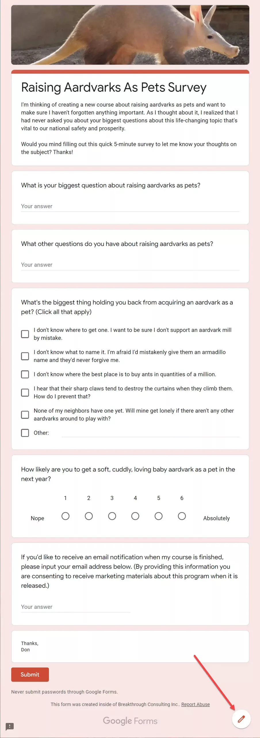Previewed survey in Google Forms