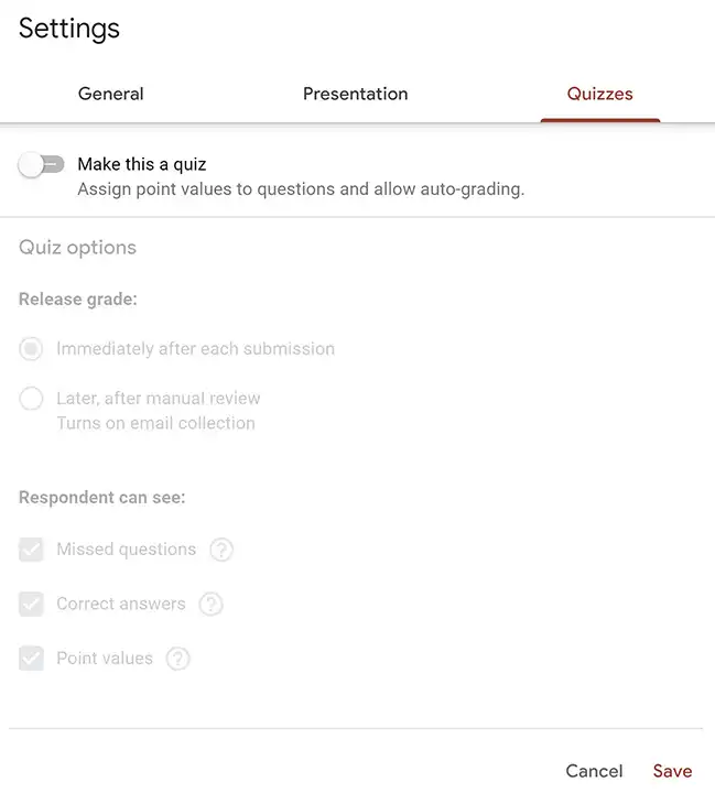 Google Survey Settings for Quizzes