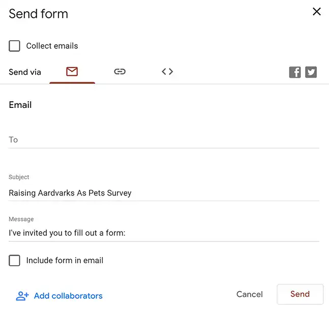 Send form pane Google Surveys