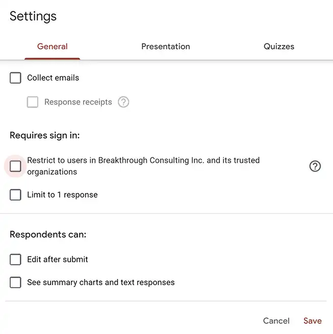 General settings in google forms survey