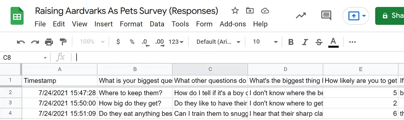 Google sheet from google survey