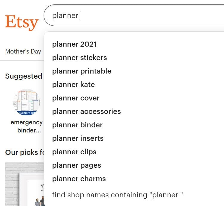 Planner search on Etsy